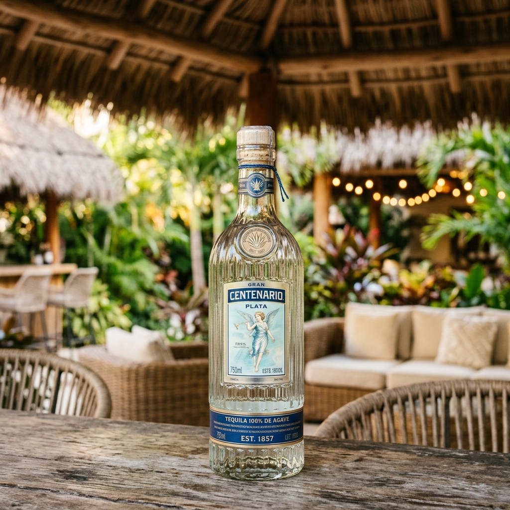 Botella de Tequila Centenario Plata en un ambiente elegante